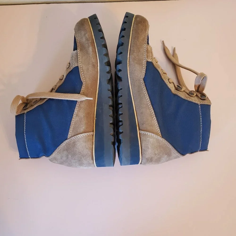 Vibram 8 Made in Italy Blue Canvas Brown Cowhide‎ 2 Tone Chunky Platform Lace Up
